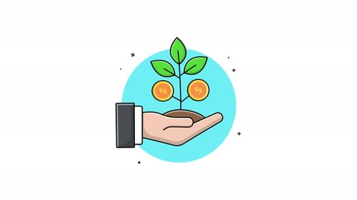 Flat Design Hand Holding Growing Plant with Money Animation