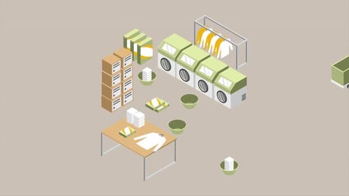 Isometric Flat Design Laundry Scene Build Up Animation