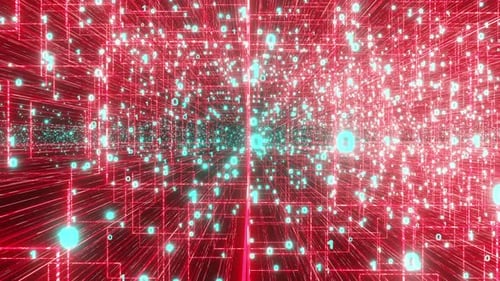 Cyberespace numérique rouge avec rendu 3D des chiffres, un et des zéros scintillants. Connexion haut débit