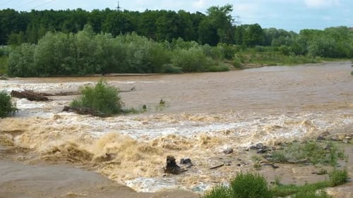 Río sucio con agua turbia en período de inundaciones durante las fuertes lluvias de primavera
