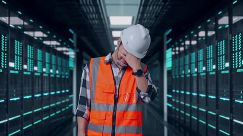 Un ingénieur asiatique a mal à la tête en travaillant dans un centre de données