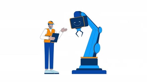 Engineer Inspects Robotic Arm Flat Design Animation