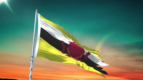 Waving Flag of Brunei Darussalam Against a Vibrant Sky