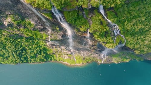 Seven Sisters Waterfall, Geiranger Fjord, Norway. Nature in fjords. Traveling through the Norway.