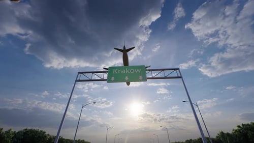 Krakow City Road Sign - Airplane Arriving To Krakow Airport Travelling To Poland