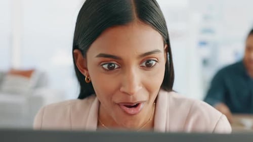 Excited, wow and surprise for success with a corporate, professional and modern business woman