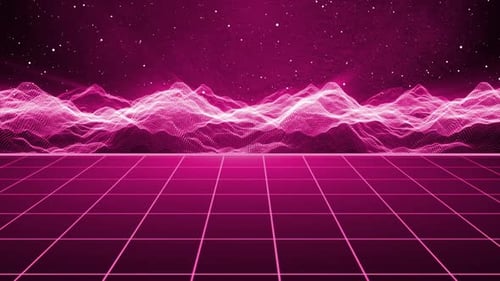 Mountains And Grid Retro Animation Background, Loop Animation Of Retro Low Poly Digital Land, Retro