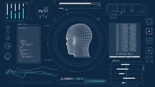Animation eines Hightech-Displays mit Kopfabtastung und Datenverarbeitung