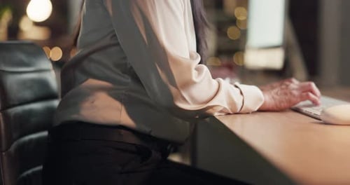 Body, closeup or woman tired of back pain injury or bad ache in office job late at night