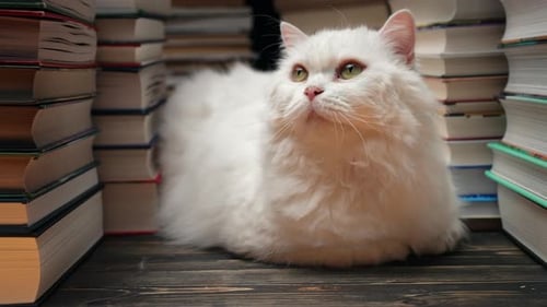 Clever Beautiful White Cat Between Books Stacks in Library Domestic Scientist Kitty Student Pets