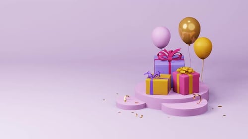 Gift boxes animation. 3d rendering, copy space, pink studio podium, balloons. Gift give away