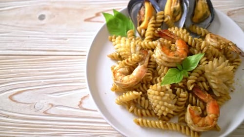 Pasta with Seafood on a Wooden Table