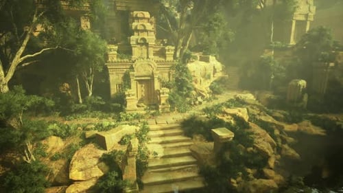 Scène calme et tranquille de la porte d'entrée du temple recouverte de brouillard au lever du soleil avec un étang immobile