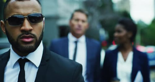 Bodyguard, protect and business people on street as career for safety of executives and boss