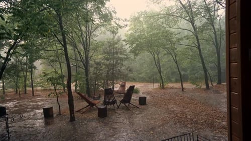 static frame Wooden chair stand in the forest under the cold wind hurricane and heavy rain