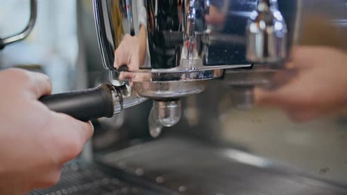 Barista Hands Inserting Coffee Device Making Delicious Coffee Closeup Cafe Shop