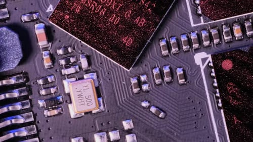 Circuit and microchip macro tracking shot, close up. Surface of computer chips, cpu.