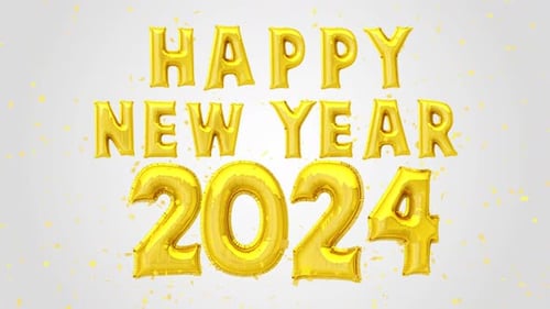 Happy New Year 2024 Golden Balloons with Falling Confetti