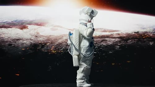 Astronaut Removing Helmet to Look at Planet During Scientific Mission