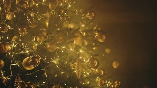 Golden Christmas Tree with Lights and Baubles