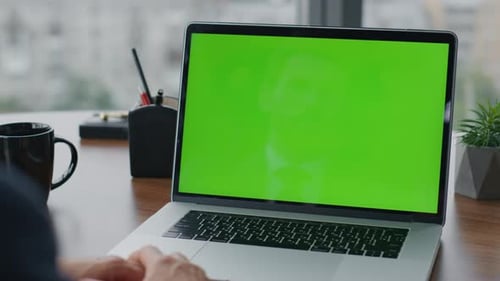 Middle aged businessman working on green screen laptop in company office
