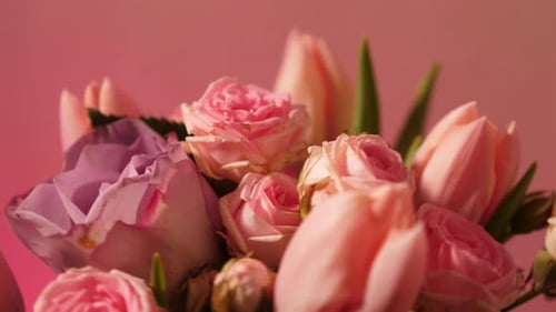Bouquet of Pink Spring Flowers on a Neon Background