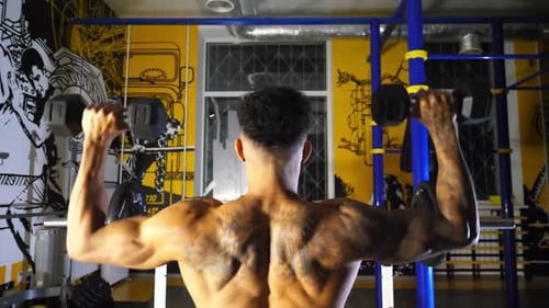 Sporty African Man with Tattoos Lifting Heavy Black Dumbbells at Sport Club Muscular Afro American