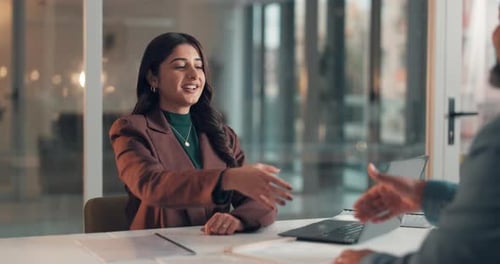 Smile, business and people with handshake in office for hiring, agreement and promotion deal