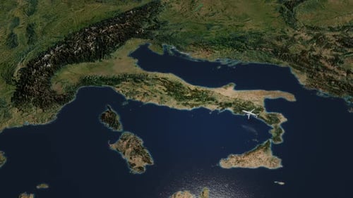 Airplane flies to Rome, a pin appears on the map.