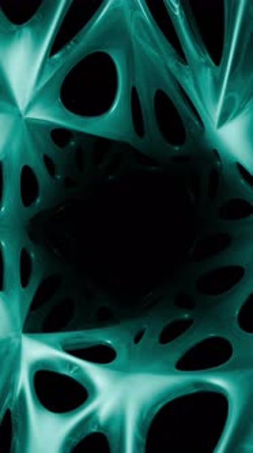 El material poroso turquesa con cavidades y filamentos brillantes sugiere una estructura de coral alienígena