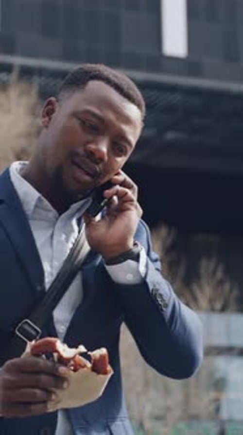 Business, late and black man in city, phone call and check time for morning commute
