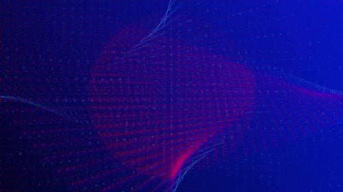 Digital background with transforming blue and red dots. Big data visualization, glowing particles