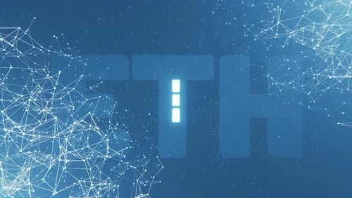 Plexus of connected lines and Ethereum symbol. Rotating glowing neon ETH sign