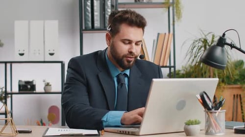 Businessman Working on Laptop Wearing Headset Call Center Support Service Operator Office Helpline