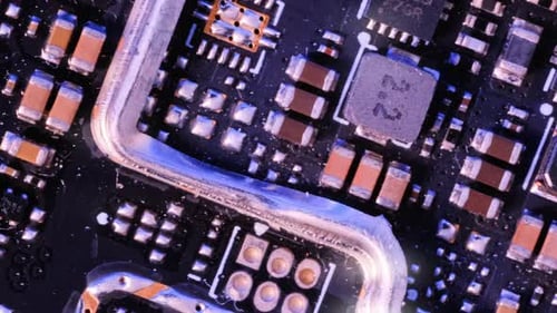 Microchips background tracking shot. Mainboard and chip technology. Circuit board surface