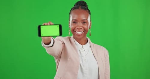 Green screen, happy and black woman with phone smile for advertising, branding and mockup space