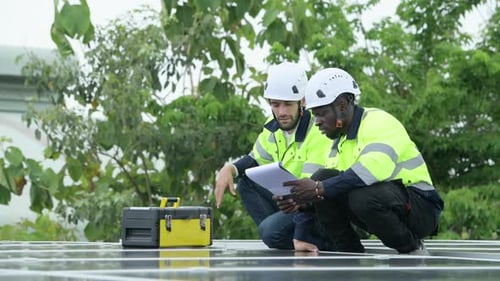 Group of engineer and technician inspects solar panel installation