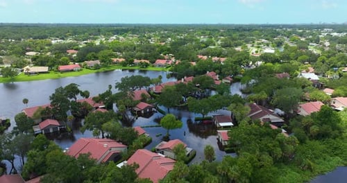 Flooded Houses From Hurricane Debby Rainfall Water in Residential Community in Sarasota Florida
