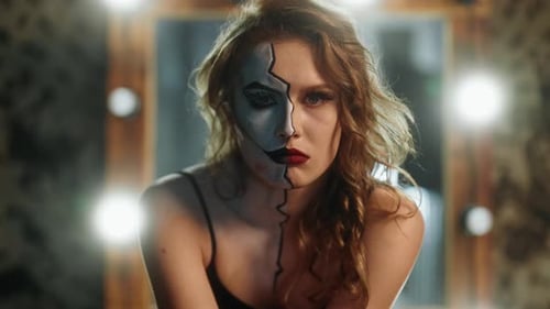 Woman with Dramatic Makeup in Front of Mirror