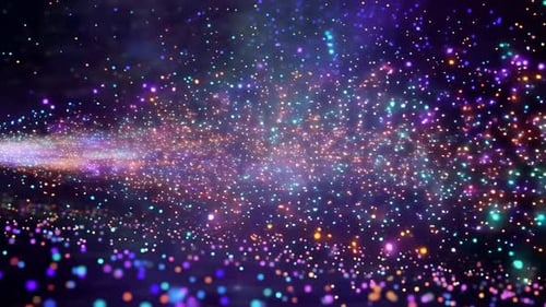 Partículas multicolores brillantes abstractas flotando en un spa oscuro