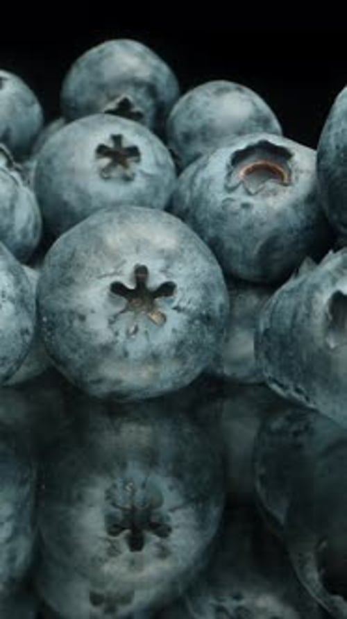 Vertical video. Piled blueberries on a mirrored black table with flickering light underneath.