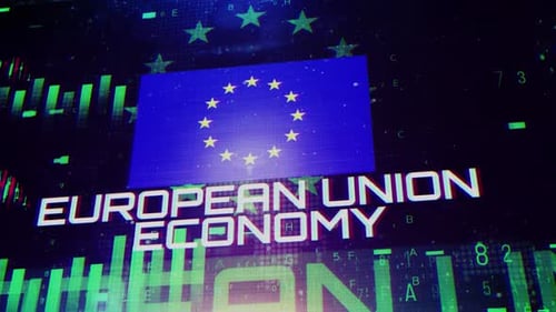 European Union Economy With Decrease Bar Chart Graph And Arrow Green V02