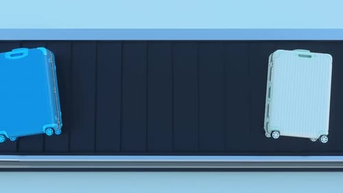 Luggage's moving on Airport Conveyor Belt, overhead view. Suitcases of different colors