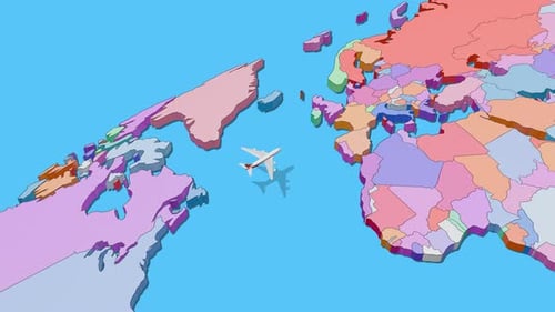 Animated Airplane Travel Over Stylized World Map