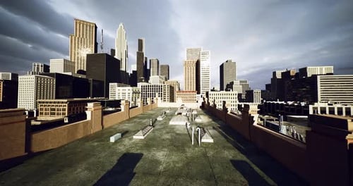 Urban Rooftop View of a Modern City Skyline with Contrasting Shadows