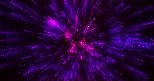 Explosion of colored neon particles, Big bang, Explosion of pink-purple glowing dust particles