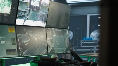 Close Up of Screens in Empty Control Center Housing Missile Defense System