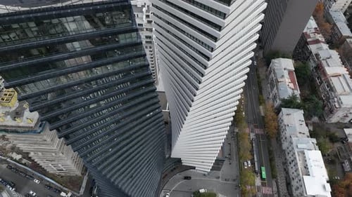 Aerial view of Axis towers - Modern building towers in Tbilisi. Architecture geometry and symmetry.