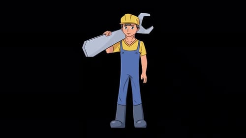 Стоящий техник с большим гаечным ключом показывает большие пальцы вверх.