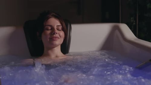 Close Up Face Attractive Woman in Spa Jacuzzi Care About Health Body Rest Relaxing Enjoy Time In